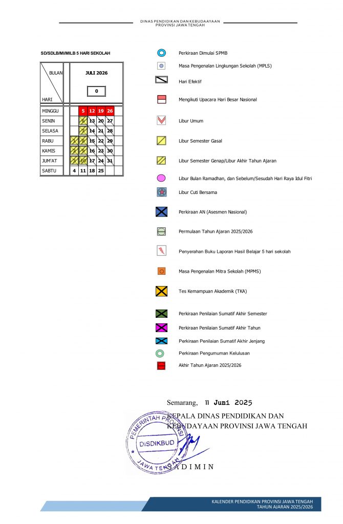 Kalender Pendidikan SD/MI Jawa Tengah 2025/2026 5 Hari Sekolah