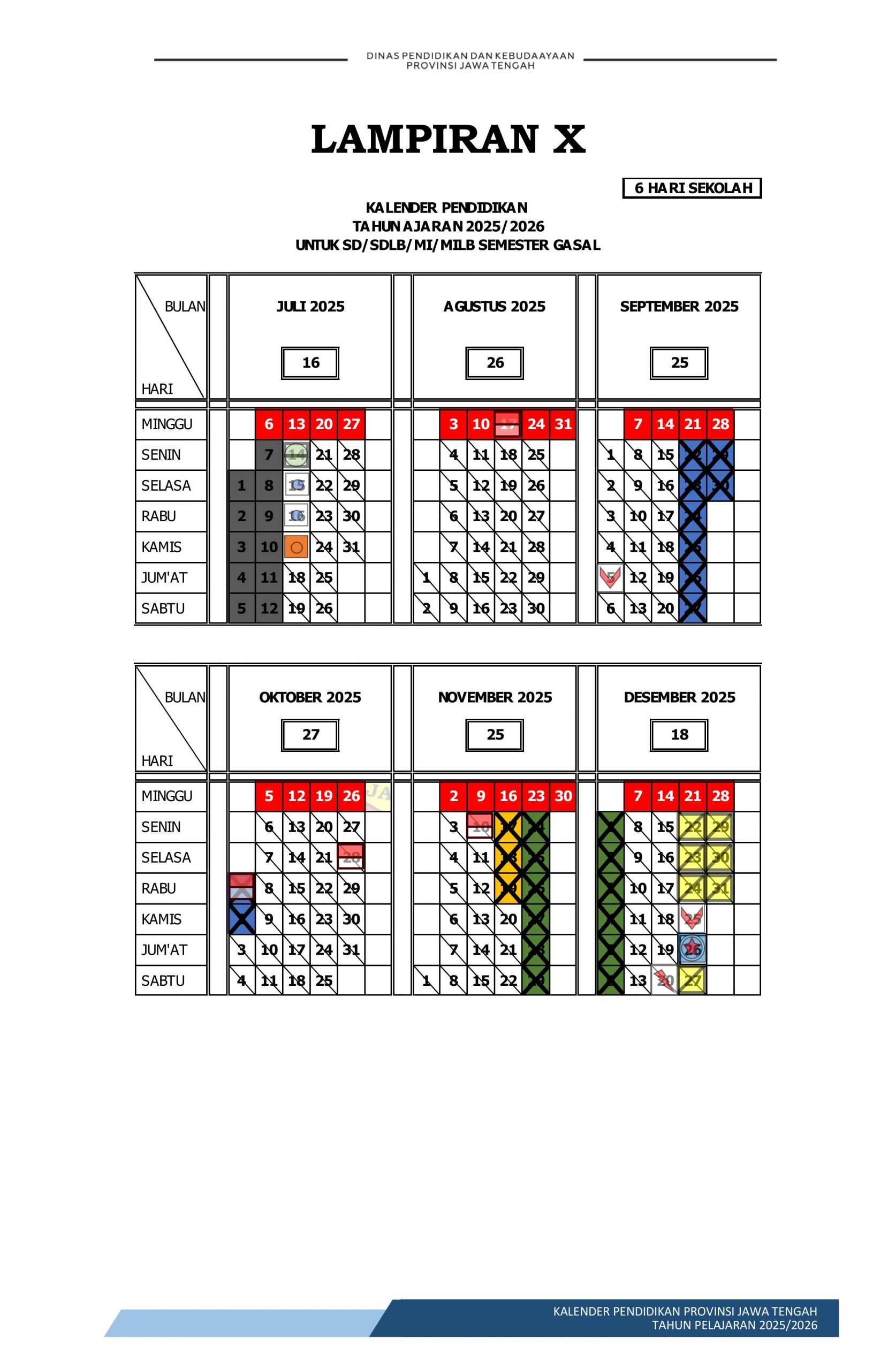 Kalender Pendidikan SD/MI Jawa Tengah 2025/2026 6 Hari Sekolah