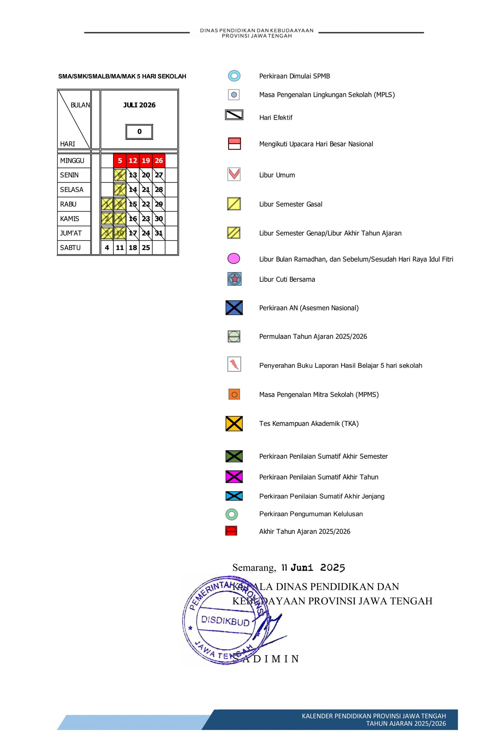Kalender Pendidikan SMA SMK Jateng 2025/2026 5 Hari Sekolah