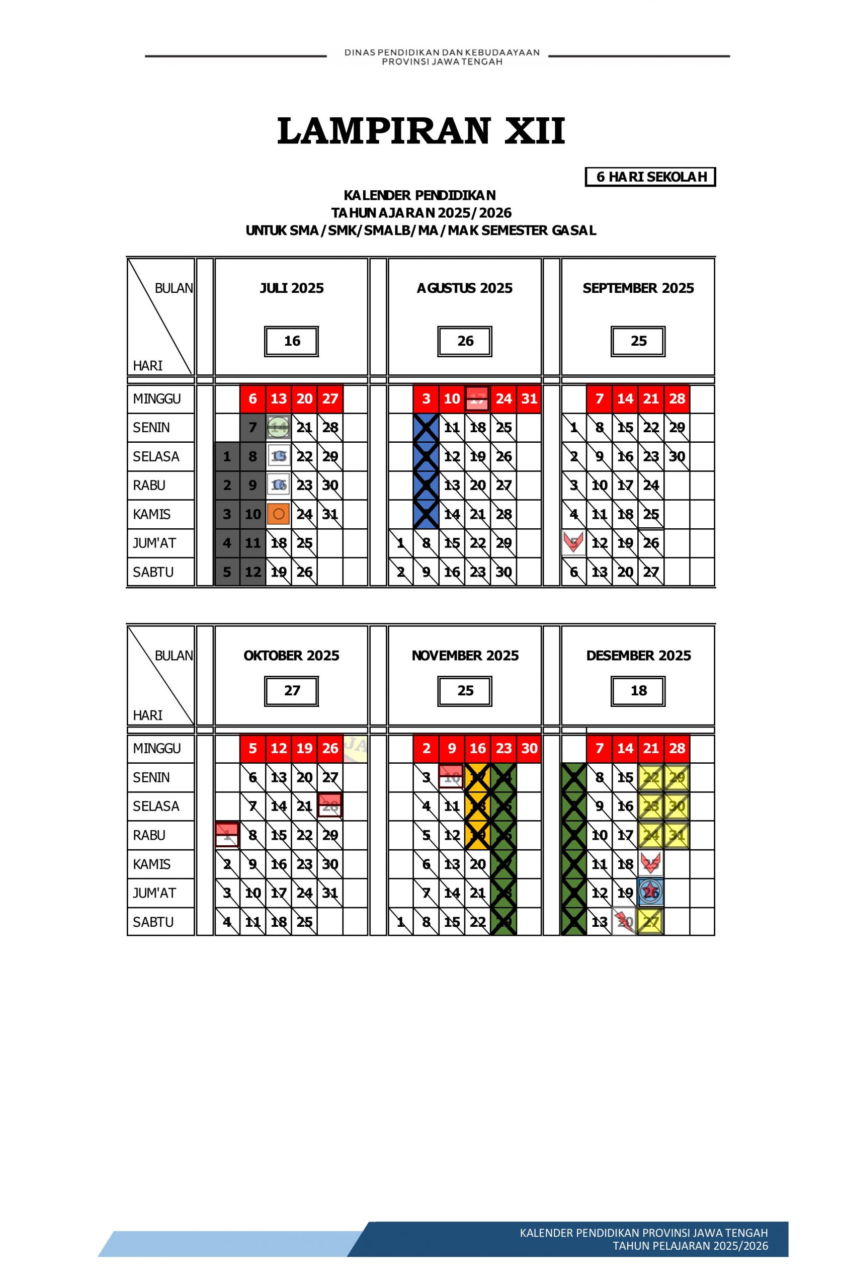 Kalender Pendidikan SMA SMK Jateng 2025/2026 6 Hari Sekolah