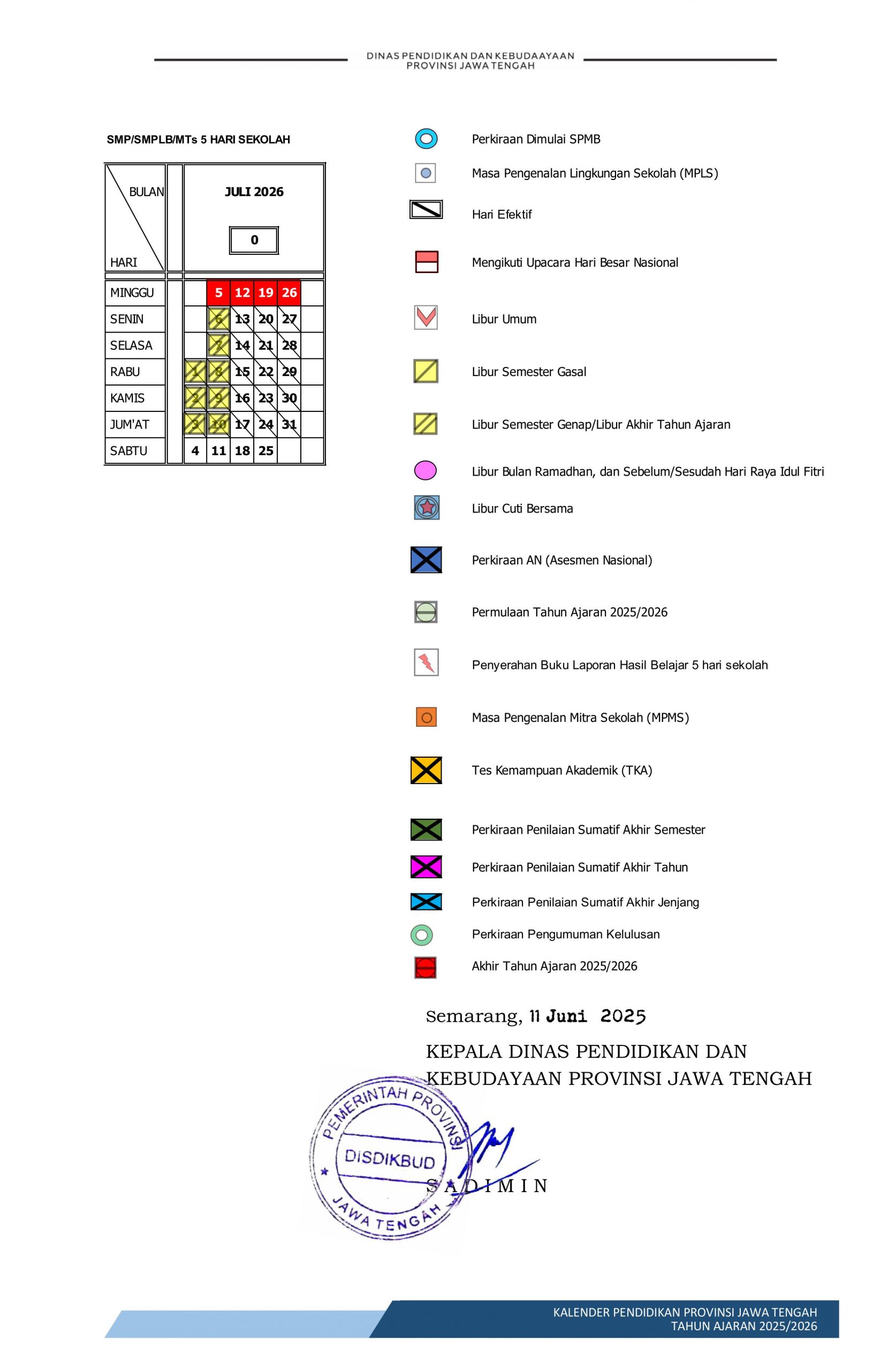 Kalender Pendidikan SMP/MTs Jawa Tengah 2025/2026 5 Hari Sekolah