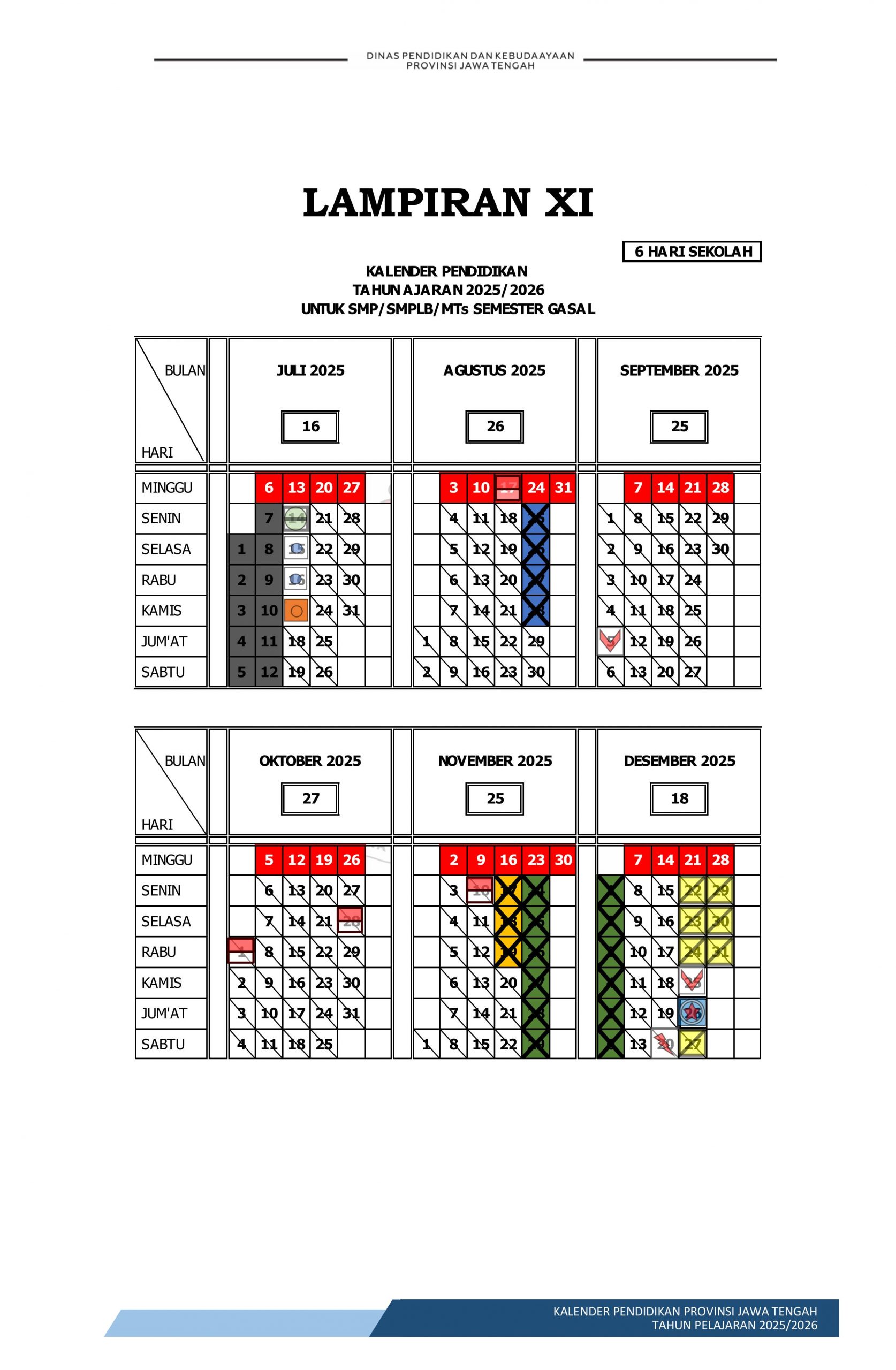 Kalender Pendidikan SMP/MTs Jawa Tengah 2025/2026 6 Hari Sekolah