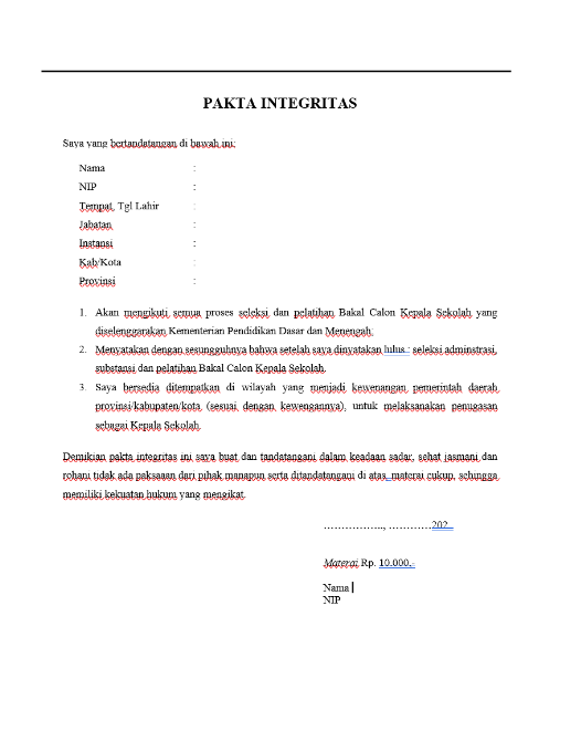 contoh Pakta Integritas syarat calon kepala sekolah contoh Pakta Integritas syarat calon kepala sekolah