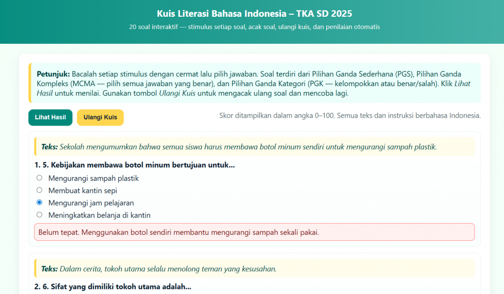 20 Soal TKA SD Online Literasi Bahasa Indonesia: Latihan Interaktif dan Penilaian Otomatis
