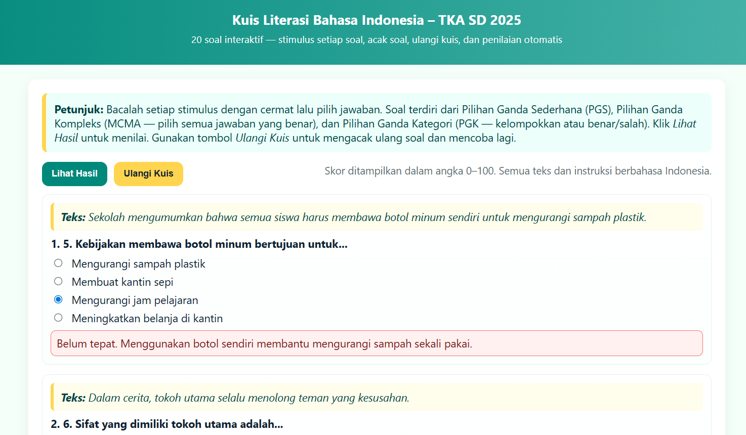 20 Soal TKA SD Online Literasi Bahasa Indonesia: Latihan Interaktif dan Penilaian Otomatis