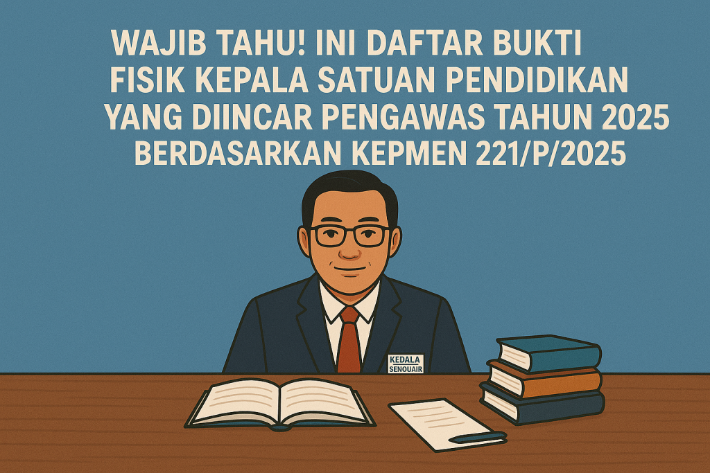 bukti fisik kepala sekolah, bukti fisik tugas kepala sekolah, Kepmen 221/P/2025, juknis beban kerja guru 2025, beban kerja kepala sekolah, dokumen kepala sekolah, supervisi guru, pengembangan kewirausahaan sekolah, tugas manajerial kepala sekolah, regulasi pendidikan 2025