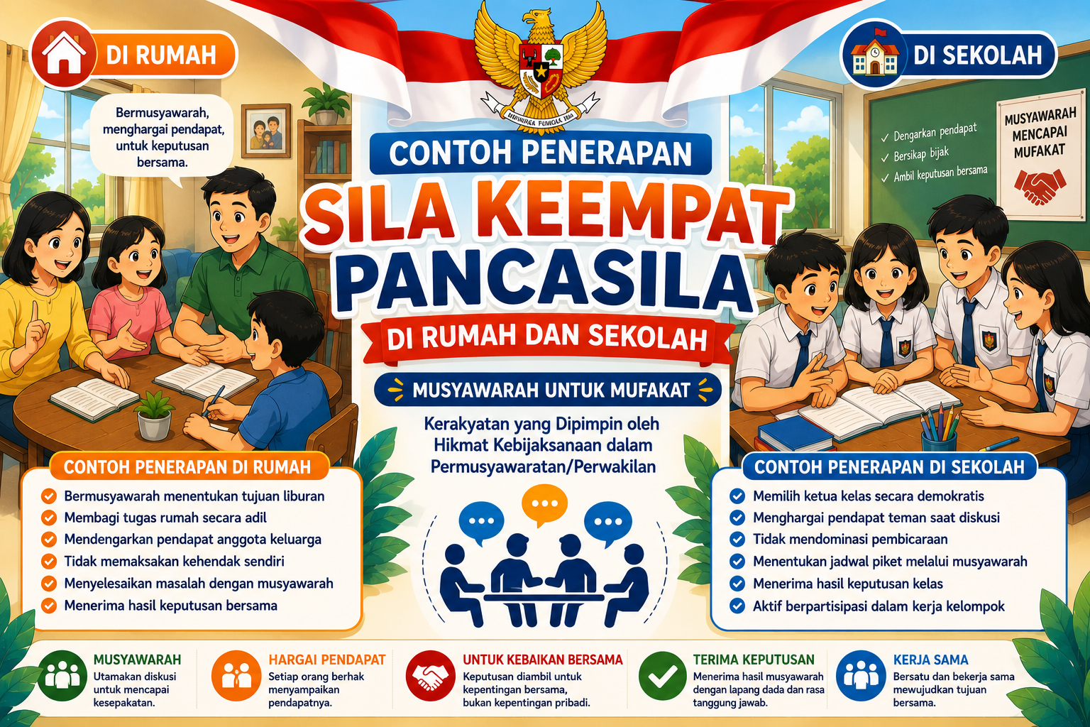 Contoh penerapan pancasila sila keempat di rumah dan sekolah Pendidikan Pancasila kelas VII